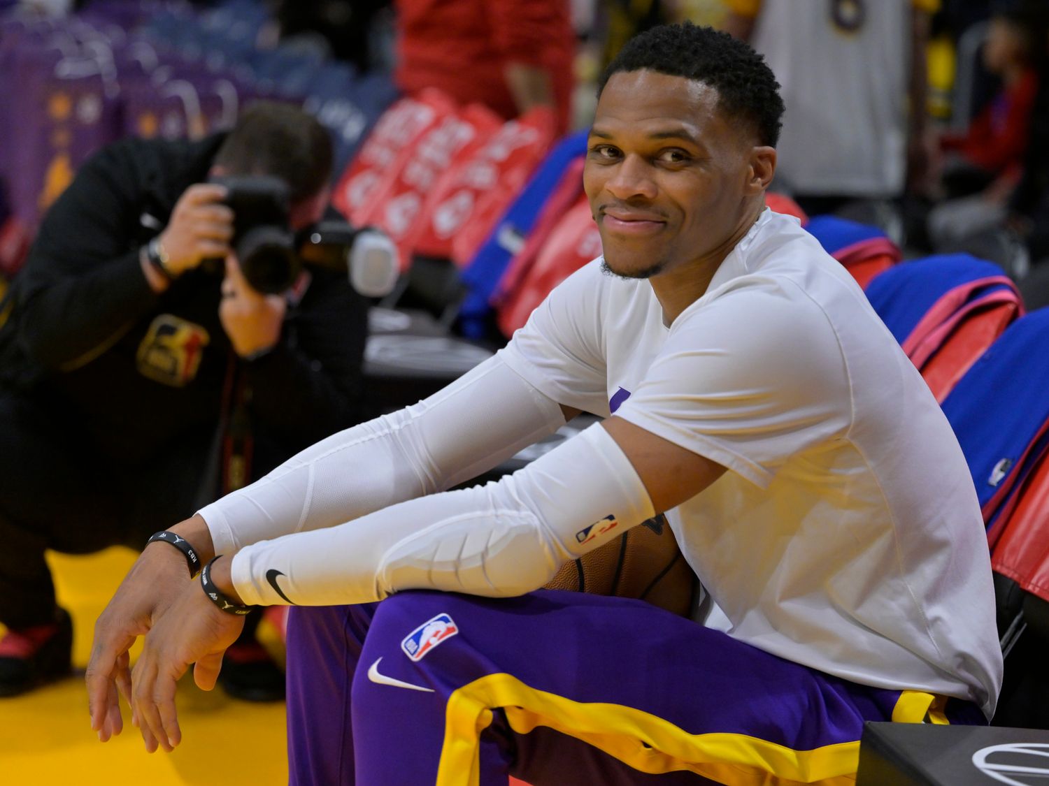 Dec 18, 2022; Los Angeles, California, USA; Los Angeles Lakers guard Russell Westbrook (0) smiles before the game against the Washington Wizards at Crypto.com Arena. Mandatory Credit: Jayne Kamin-Oncea-USA TODAY Sports